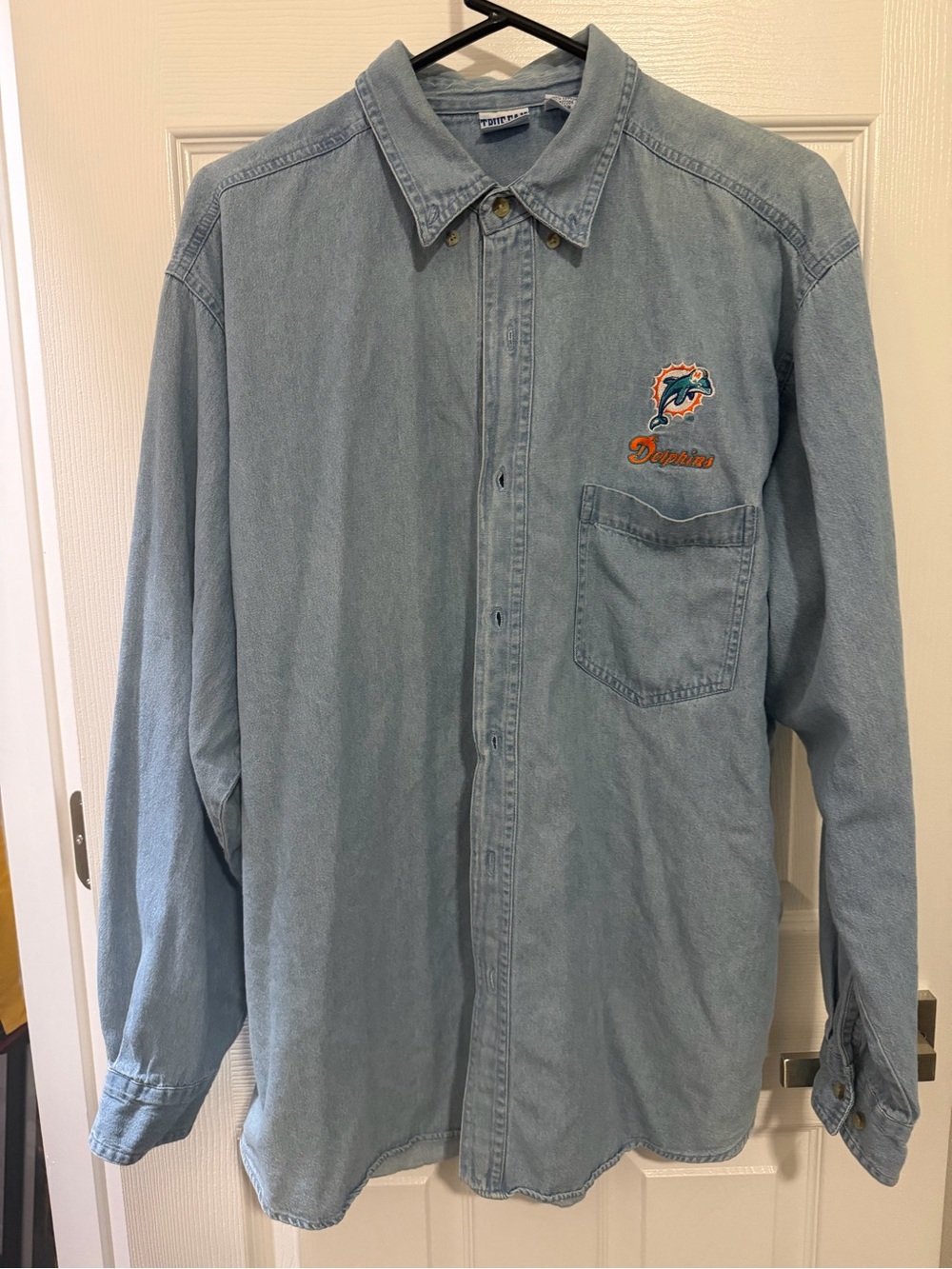 Vintage 90s Miami Dolphins True Fan Denim Shirt Men’s Medium NFL Embroidered
